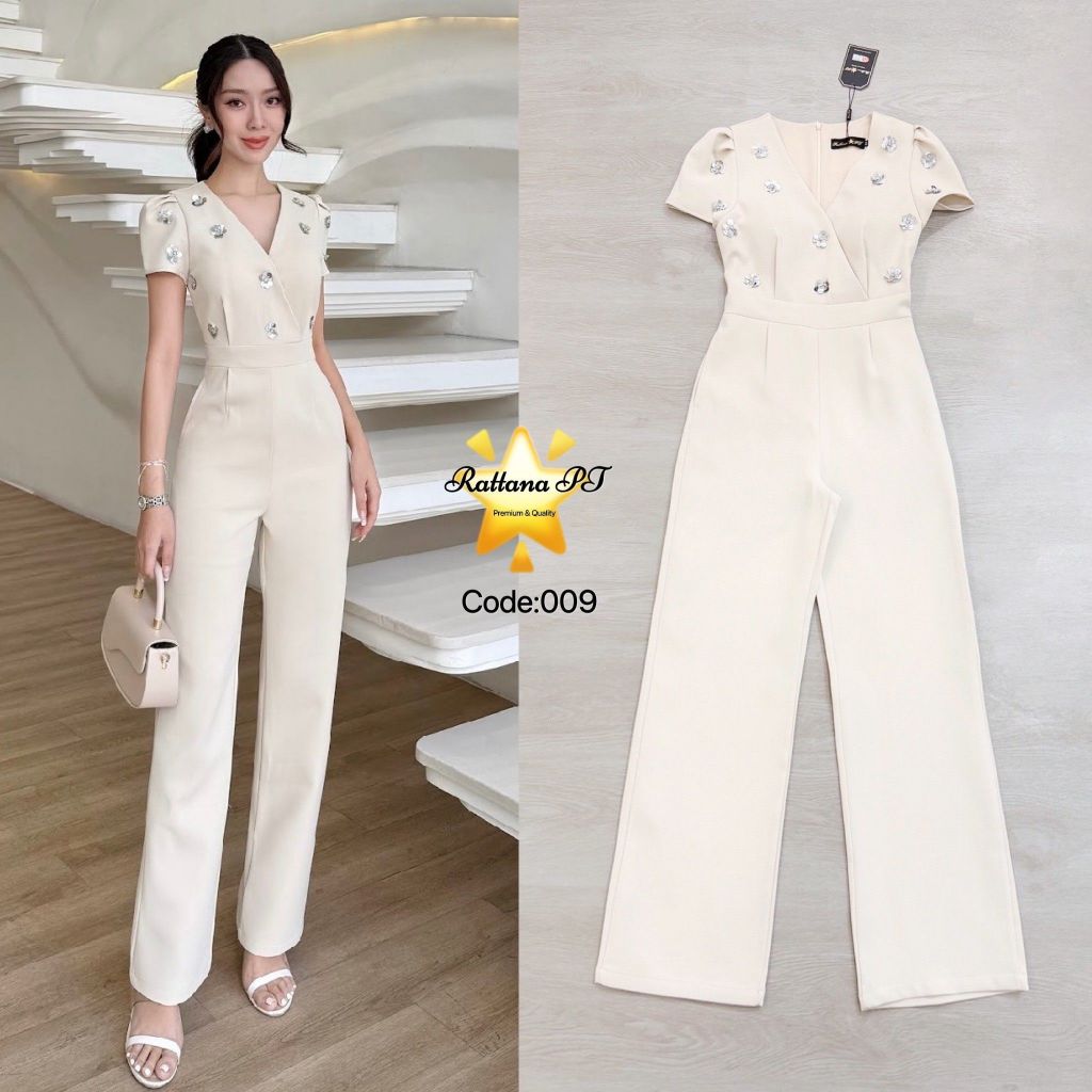 Rattana PT BRAND RTN177 ชุดจั๊มสูทกางเกงขายาว สีครีม แต่งดอกไม้