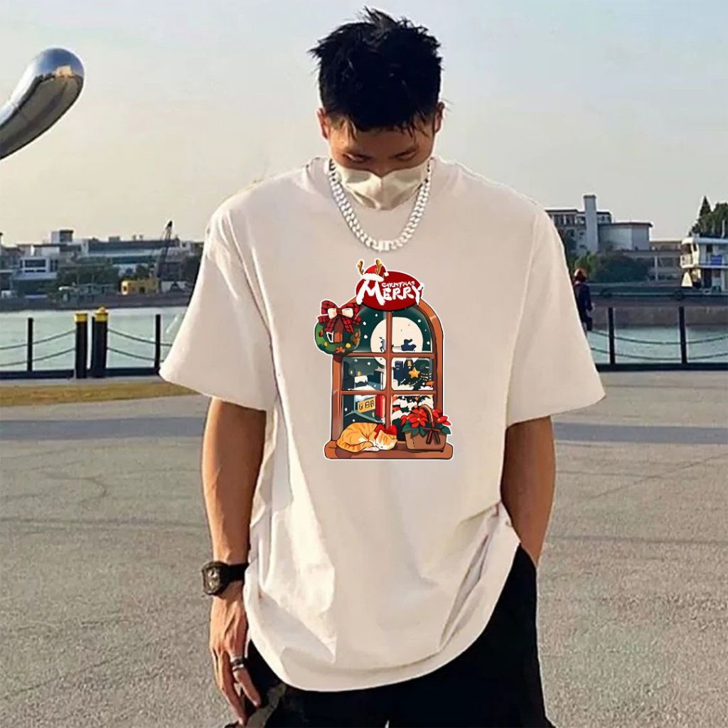 You-T เสื้อยืดแขนสั้น ไม่จำกัดเพศ เสื้อยืดโอเวอร์ไซส์ ไม่จำเป็นต้องรีดผ้า ผ้าฝ้ายคุณภาพสูง 100% ลายพิมพ์ "แมวคริสต์มาส"