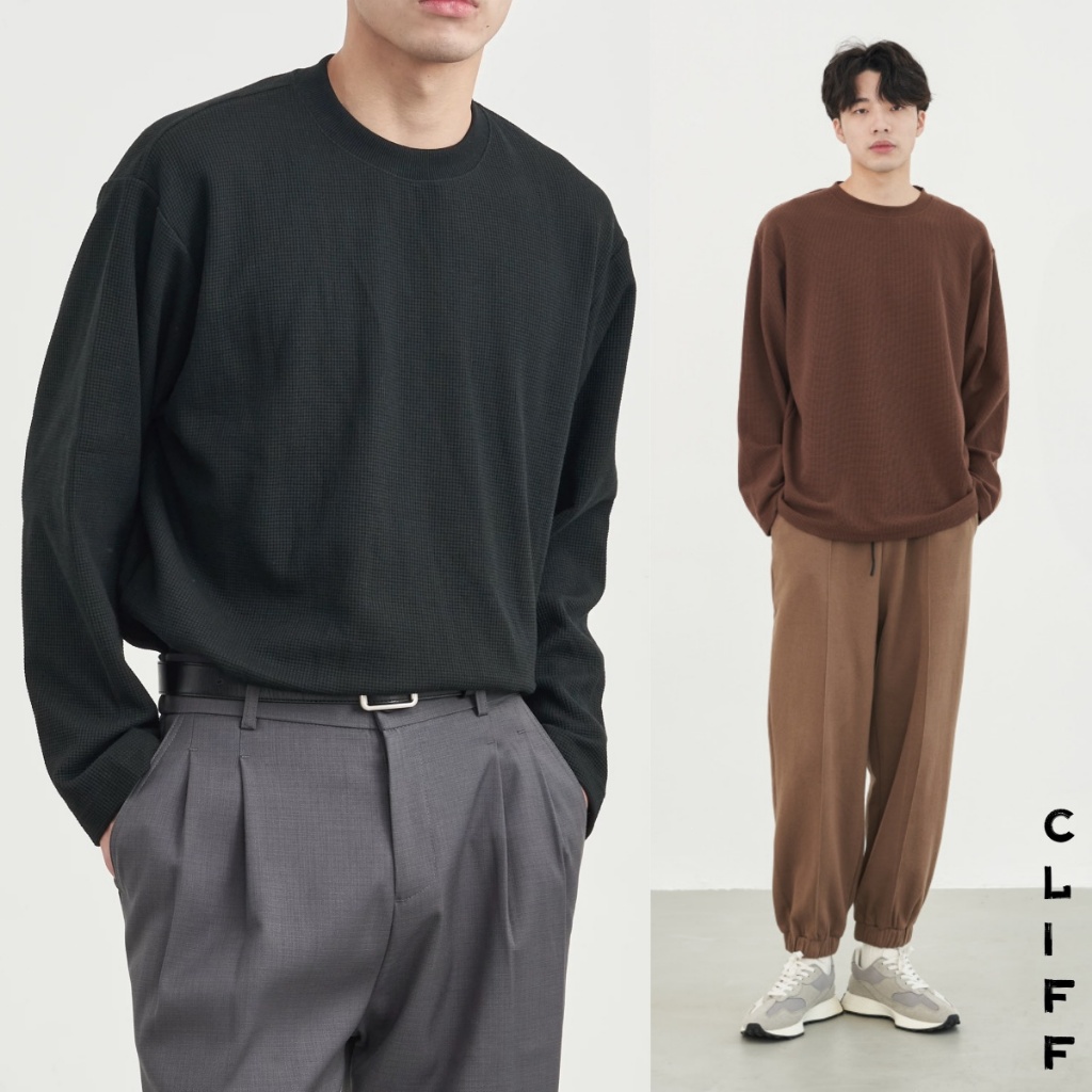 CLIFF เสื้อยืดผู้ชาย แขนยาว ไบนารี หลายสี ด้านบนสีทึบ วงกลม ชุดคู่รัก