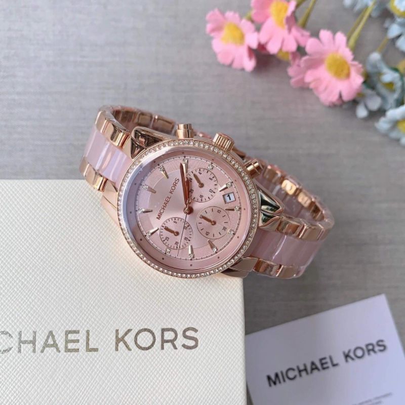 🌻นาฬิกา Michael Kors Ritz Chronograph Rose Gold Dial Two Tone Steel Strap Watch for Women - MK6307 ✿