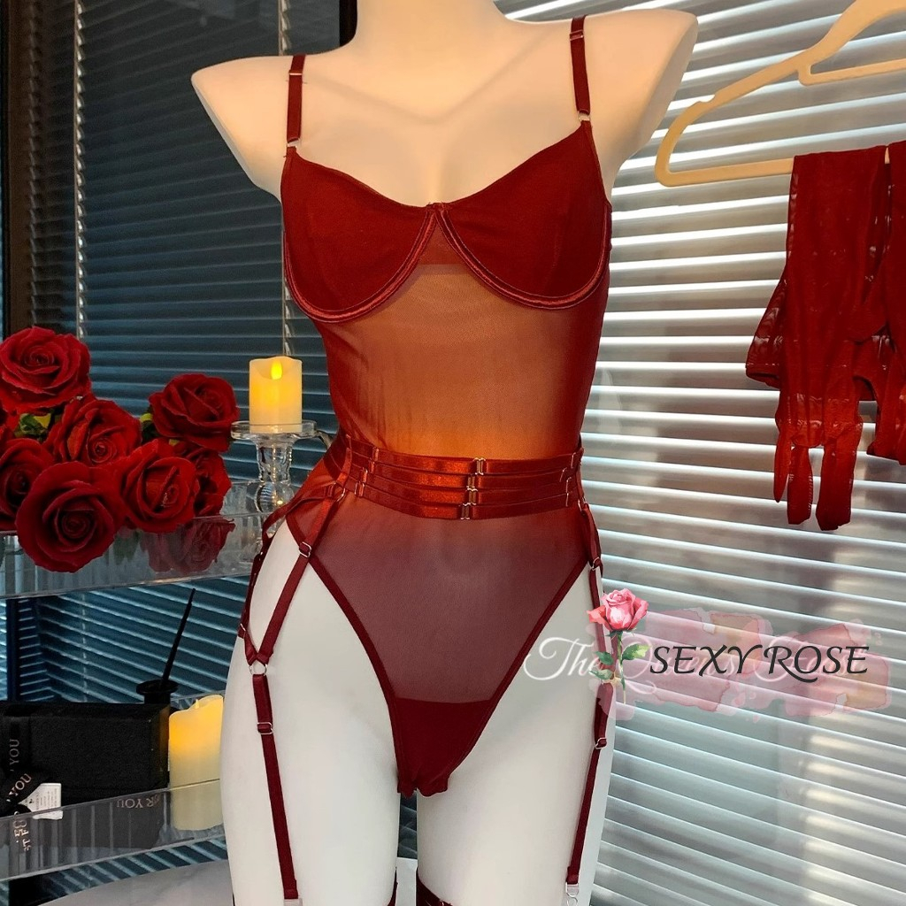 SEXY ชุดยั่ว บอดี้สูท บอดี้สูทมีบรา🍅 มีการ์เตอร์สายปรับได้  พร้อมถุงมือ หวงขาได้ R-1165