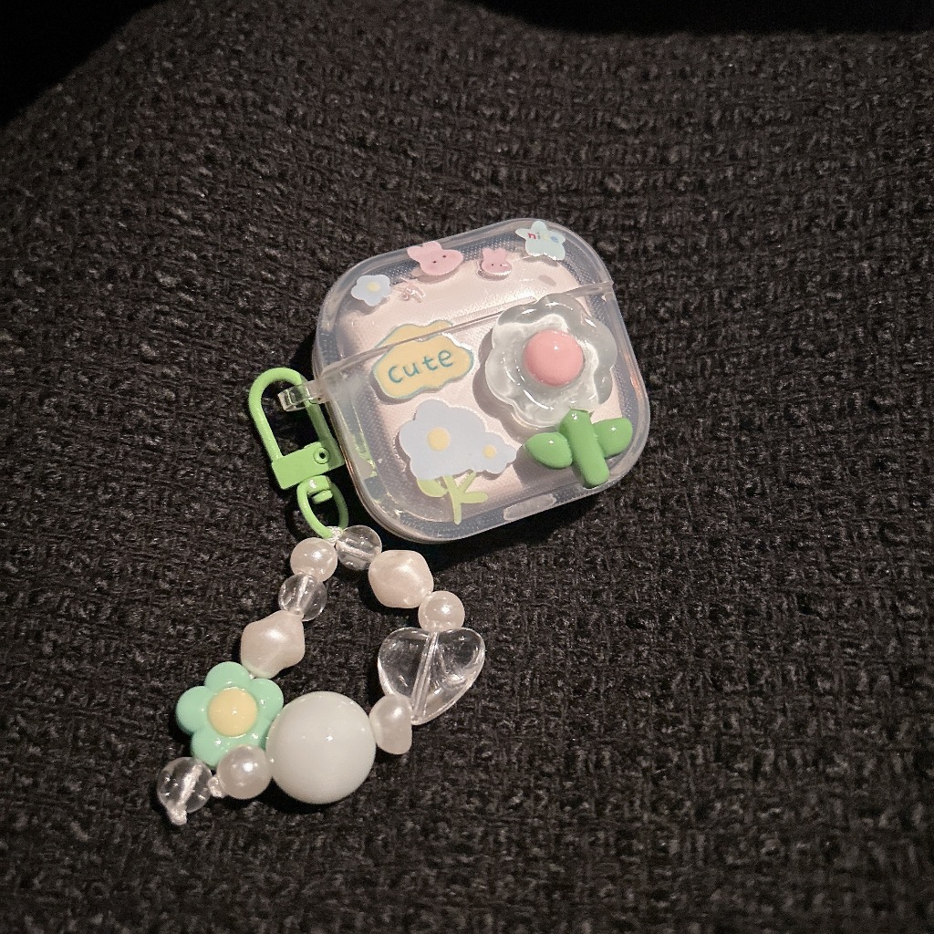 【 ดอกไม้เขียว+ห้อย 】เคสหูฟัง เคสใสการ์ตูนนูน Airpods4 เคสหูฟังบลูทูธ เคสหูฟังไร้สาย Airpods 4