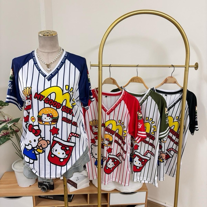 ( M38 ) เสื้อกีฬา ลายแมว ฟาสฟูด พิมพ์ลายที่คอ L-2XL