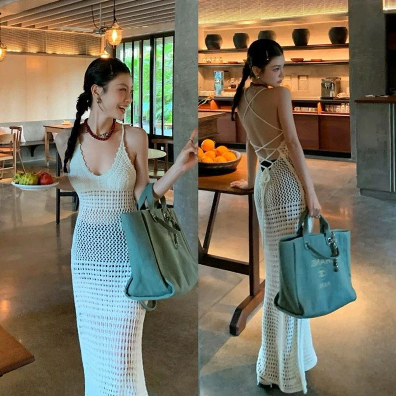 เดรสถักซีทรู เดรสไหมพรมไขว้หลัง เดรสคลุมบิกินี