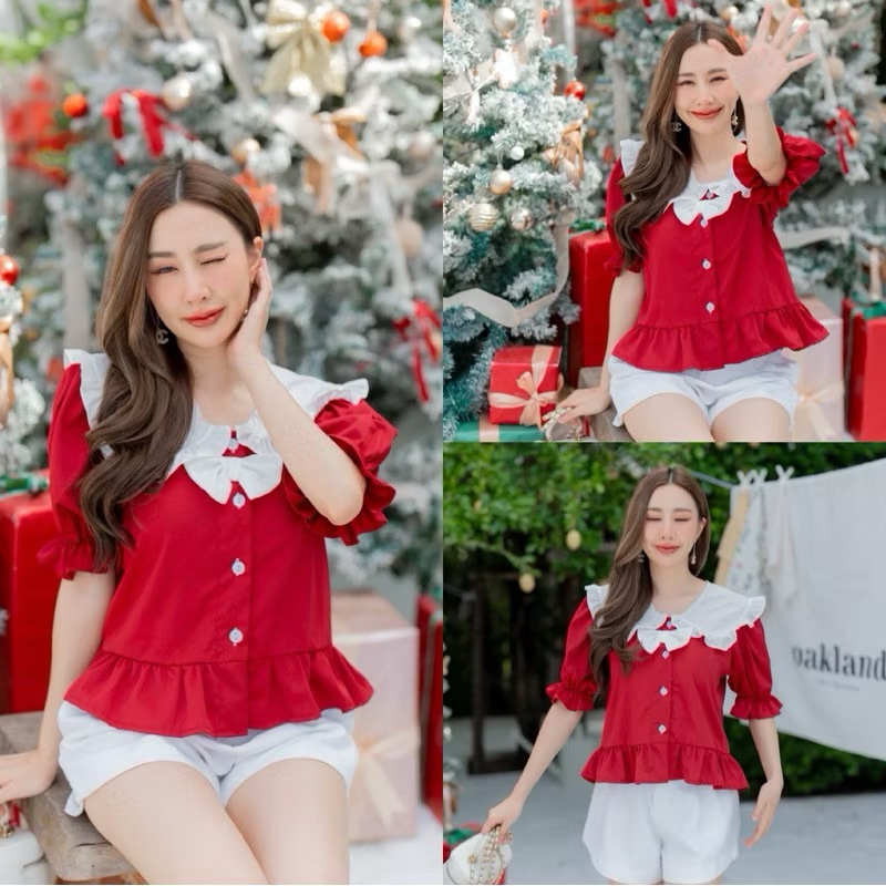 เสื้อคอบัวปกขาว แขนตุ๊กตาเเต่ง ที่กระดุม