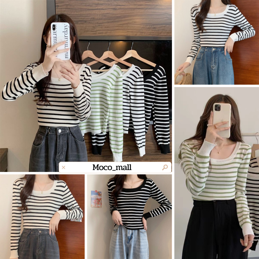 1029 NEW เสื้อผ้าแฟชั่นดีไซน์แบบเกาหลี เสื้อไหมพรมแขนยาว เสื้อไหมพรมลายทางสีสันน่ารัก แบบฟรีไซซ์ Clothing Lady