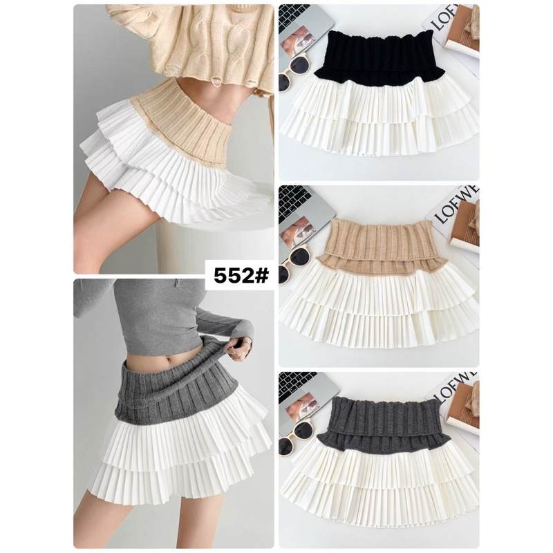 กระโปรงพลีท 2ชั้น ขอบเอวกระโปรงเป็นผ้าไหมพรมร่องใหญ่แต่งพับ #552