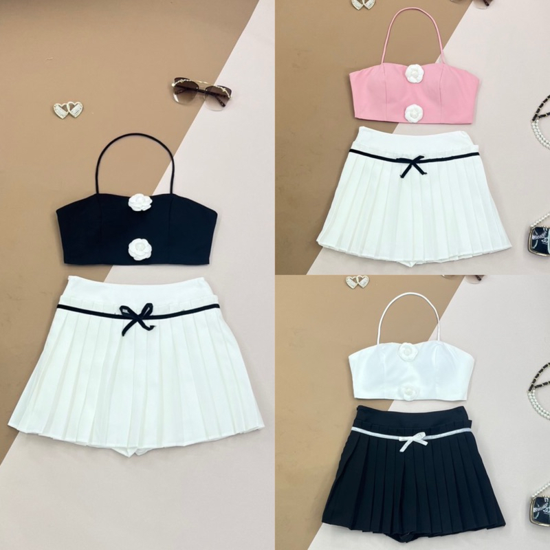 [LISA] A0697 ชุดเซตเสื้อเกาะอกดีเทลแต่งเข็มกลัดดอกไม้สีขาวกระโปรงพลีทแต่งโบว์ดีไซน์สวยเก๋ใส่เที่ยวคาเฟ่ ดินเนอร์ ปาร์ตี้