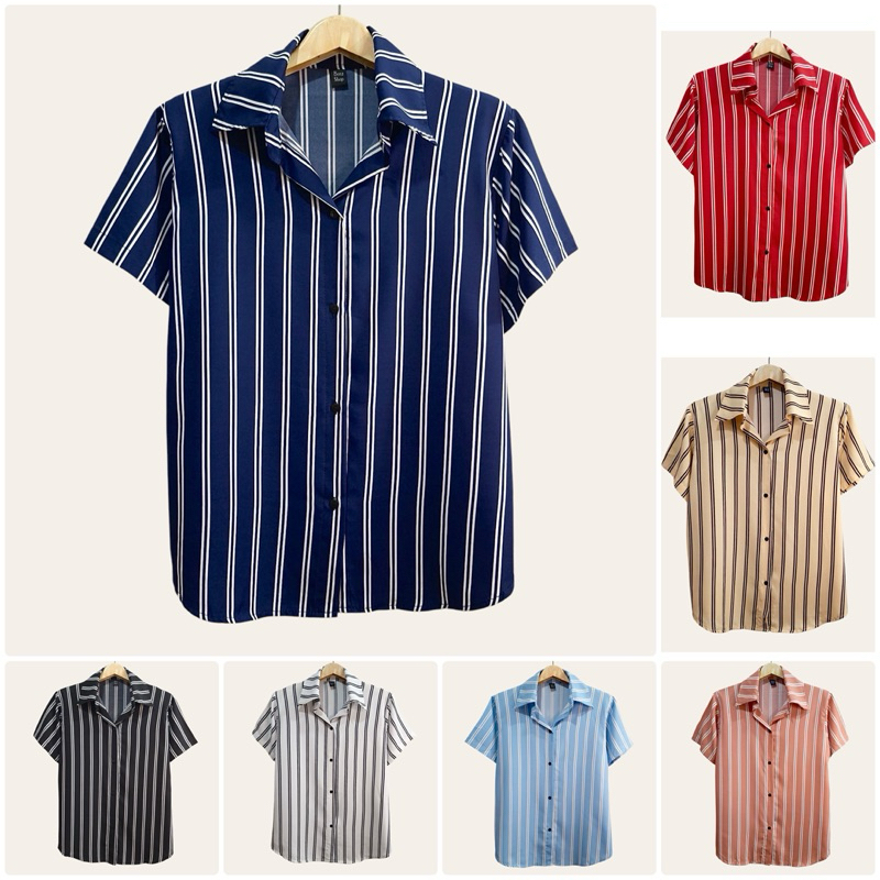(อก 44”) เสื้อเชิ้ต เเขนสั่น ผ่าหน้า ลายทางคู่ ผ้าไหมอิตาลี ไม่ต้องรีด