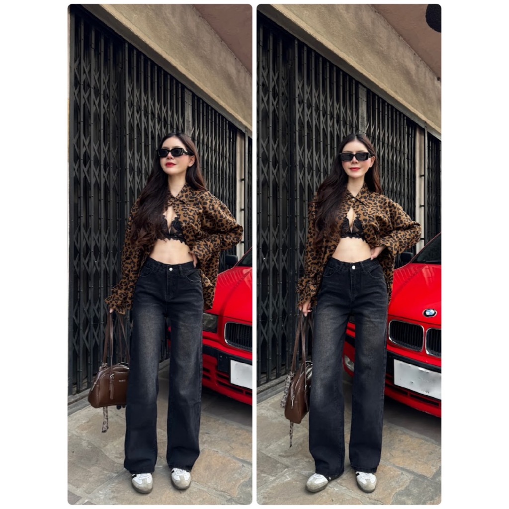 V8810 กางเกงยีนส์ กระบอกกลางเอวสูง ผ้ายีนส์ไม่ยืด สีดำฟอก สีสนิม สียีนส์