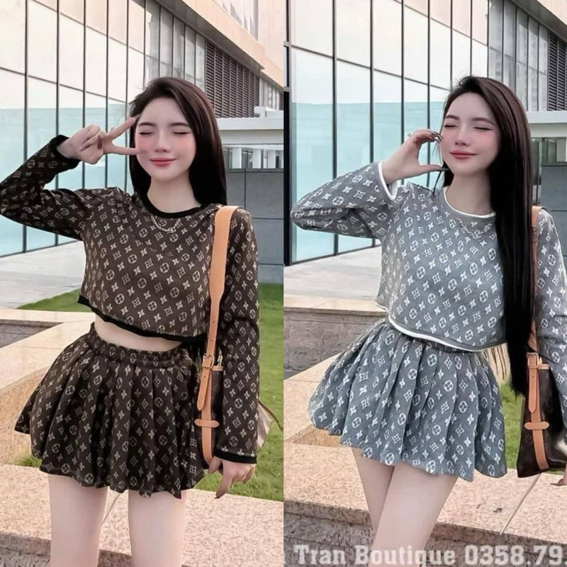 ชุดเซ็ท 2ชิ้น เสื้อแขนยาว+กระโปรง ลายหลุยส์