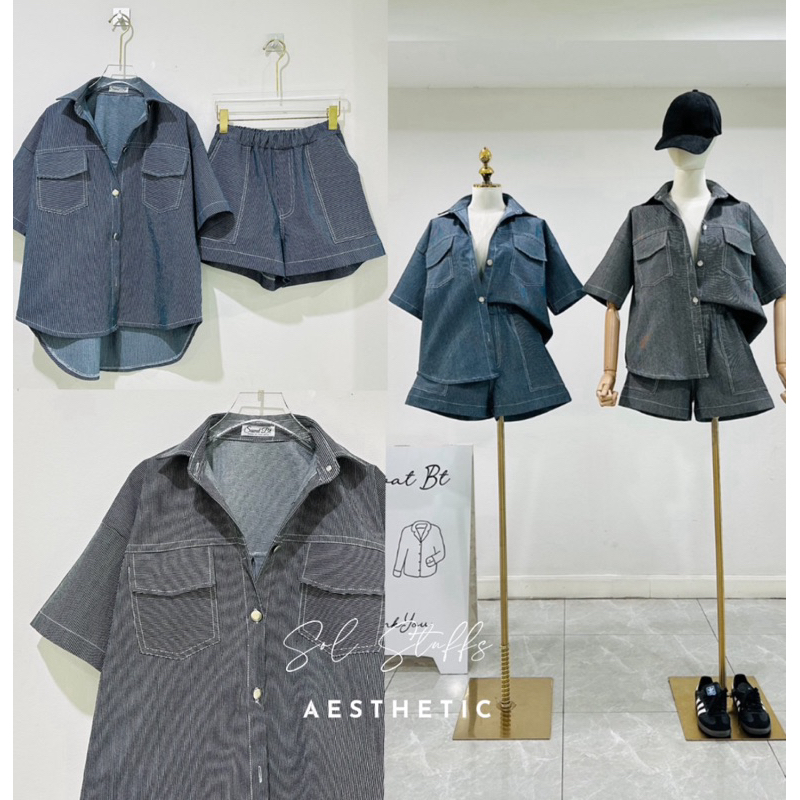 Lee jean set“ เซตงานยีนแท้ลายทางเล็กปัก ดีเทลเสื้อแขนสั้นคอปกทรงoversize มาคู่กับกางเกงขาสั้นเอวยางย