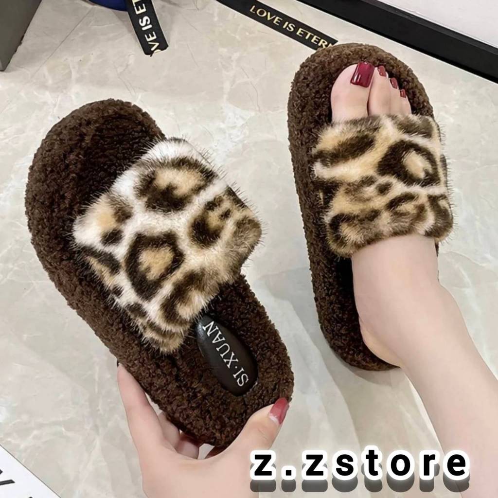 พร้อมส่งจากไทย【011】รองเท้าแตะแบบสวม+ขนเฟอร์มินิดีเทลลายเสือน่ารักแอบแซ่บเบาๆใส่แล้วนุ่มนิ่มสบายเท้าเกิ้น