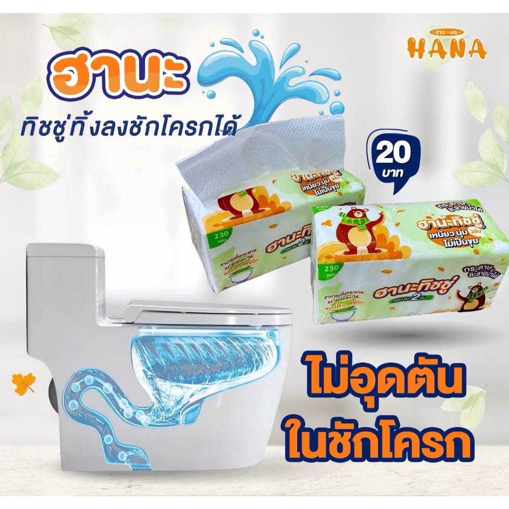ฮานะทิชชู่ทิ้งลงชักโครกได้ หนา 2 ชั้น 230แผ่น ( 1 แพ็ค 4 ห่อ )