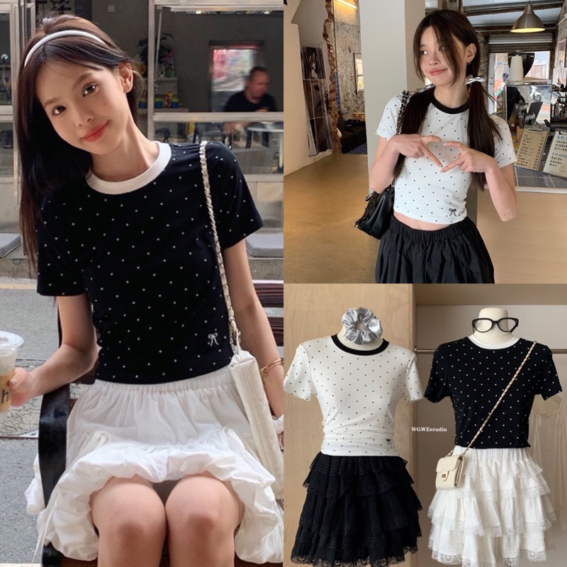 เสื้อคอกลมแขนสั้นลาย polka dotรุ่น 8566 TAG:WG.WE