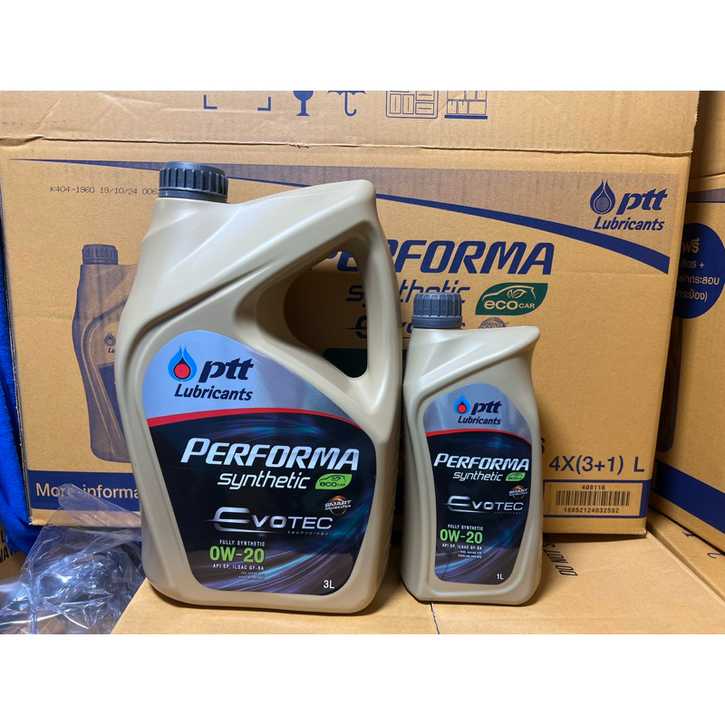 น้ำมันเครื่อง ปตท ptt performa synthetic eco Evotec technology 0w-20 api sp ILSAC GF-6A ขนาด 3 ลิตรแถม 1 ลิตร