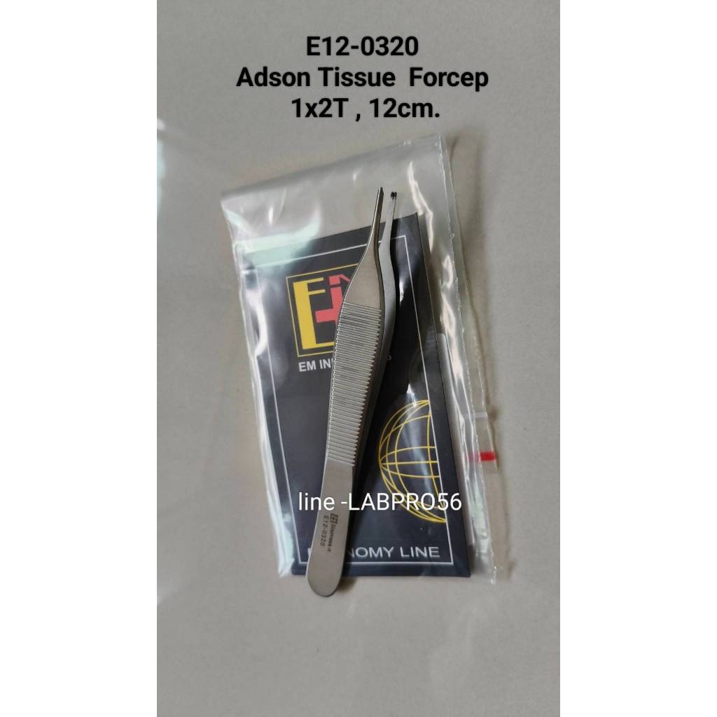 E12-0320 ยี่ห้อ EM Adson Tissue Forcep 12cm ปากคีบสแตนเลส ขนาด 12 cm. (มีเขี้ยว) ปากคีบมีเขี้ยว