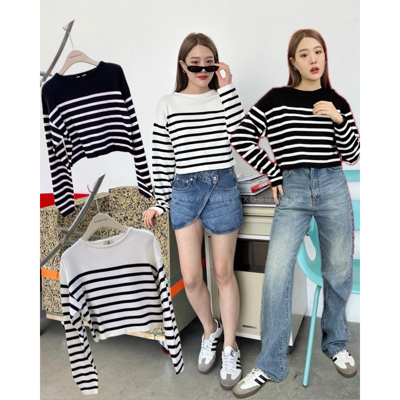 ZR Knitted stripe long sleeve top (350฿) เสื้อไหมพรมแขนยาวคอกลม ลายริ้ว งานชนช็อปซาร่าเลยค่า ทรงครอป valen