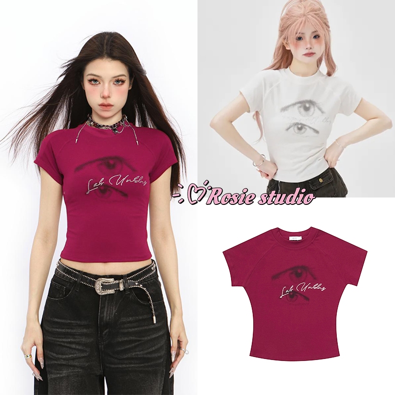 Rosie พร้อมส่ง เสื้อรัดรูป เสื้อยืดแขนสั้นสีขาว คอกลม ทรงเอวลอย Y2K เสื้อครอปแฟชั่นผู้หญิง พิมพ์ลายตา น่ารัก สไตล์เกาหลี