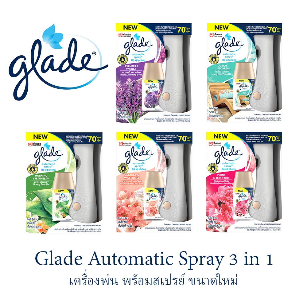 Glade Automatic Spray Freshener เครื่องพ่นสเปรย์ปรับอากาศอัตโนมัติพร้อมส่ง5กลิ่น252ml(ตัวเครื่อง+รีฟิล+ถ่าน2เม็ด)