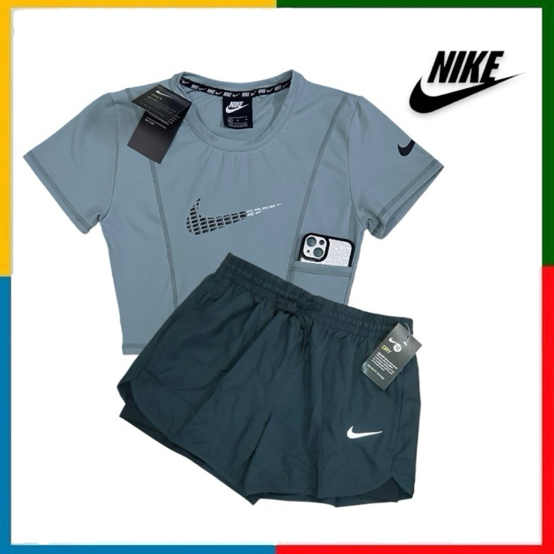 Set 2 ชิ้น - เสื้อออกกำลังกาย ทรงครอป+กางเกงกีฬาขาสั้น มีซับใน