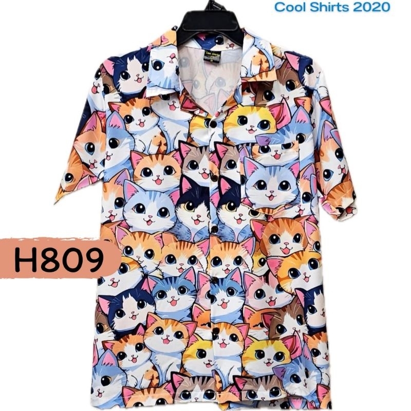 เสื้อฮาวาย ผ้าไหมอิตาลี น้องแมว H809