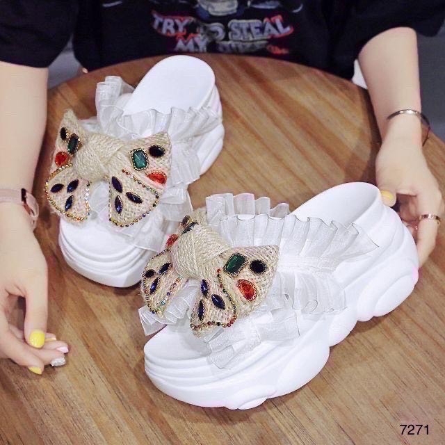 7271 รองเท้าส้นเตารีดพื้นหมี แต่งโบว์ น้องน่ารักมาก