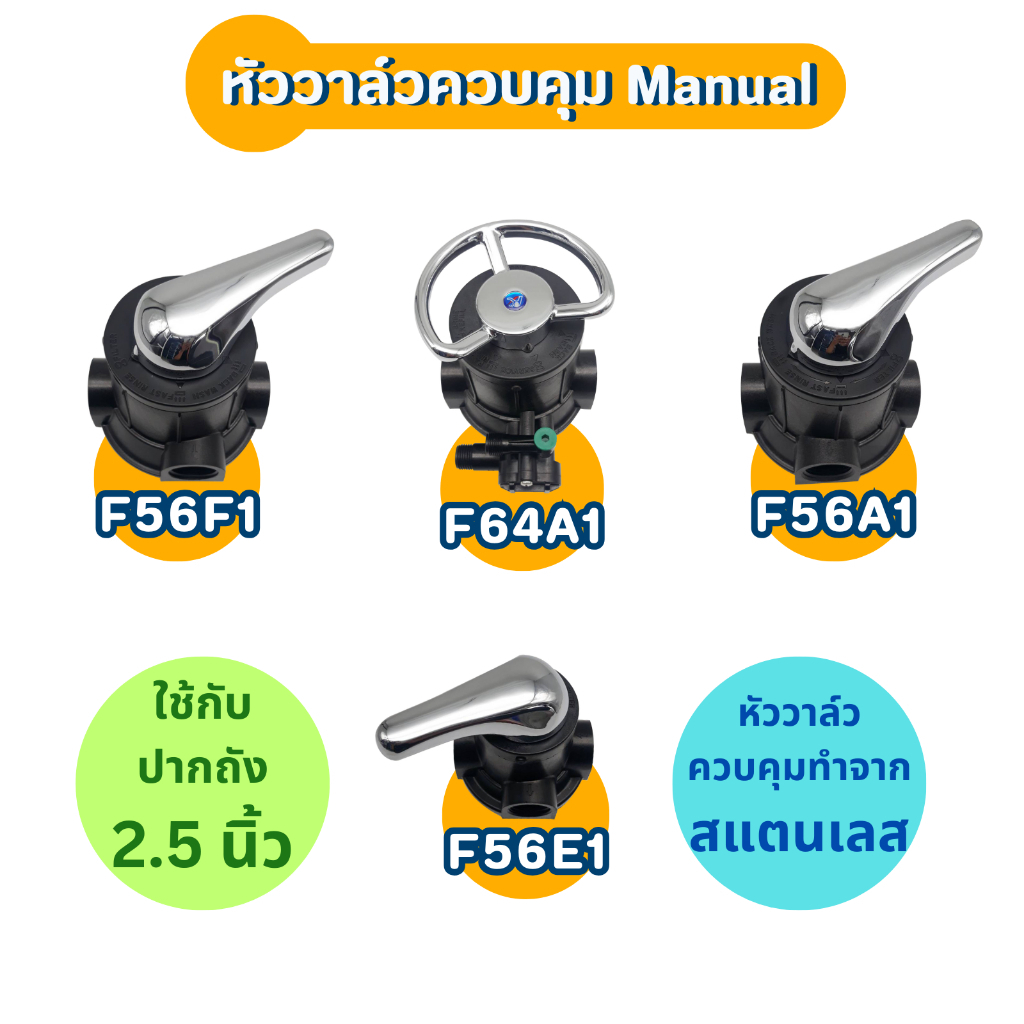 หัววาล์วควบคุมManual Valve สแตนเลส ก้านโยก พวงมาลัย  ถังกรองไฟเบอร์ F56A1 F56E1 F56F1 F64A1