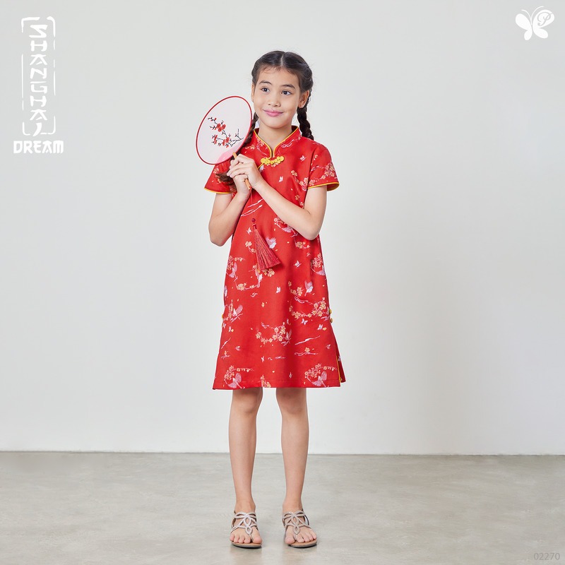 เดรสคอจีนเด็กหญิง [Papillon] Girl Mandarin Dress - Wintersweet Flowers ทรงเอ ซิปหลัง ผ้า cotton 100%