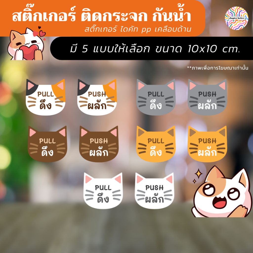 สติ๊กเกอร์ ติดประตู PUSH-PULL  ป้ายผลัก ป้ายดึง สติกเกอร์ กันน้ำ น้องแมว สุดคิ้วท์ 5 แบบ