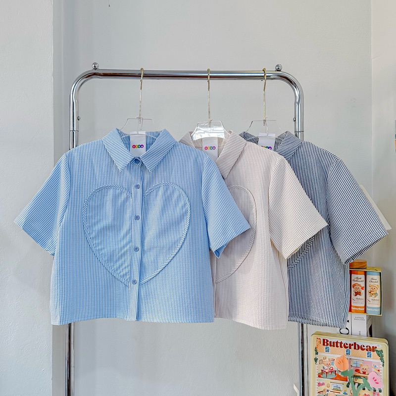 เสื้อเชิ้ตริ้ว ดีเทลรูปหัวใจ