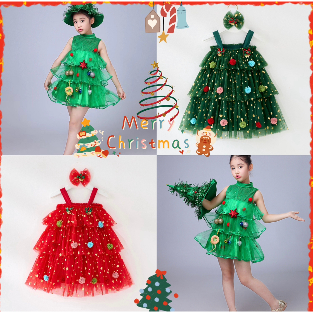 🔔ชุดเด็ก ชุดคริสมาสเด็ก ชุดต้นคริสมาสสีเขียว🎄 chrismas tree dress (กระโปรง+หมวก) 8เดือน-8ปี