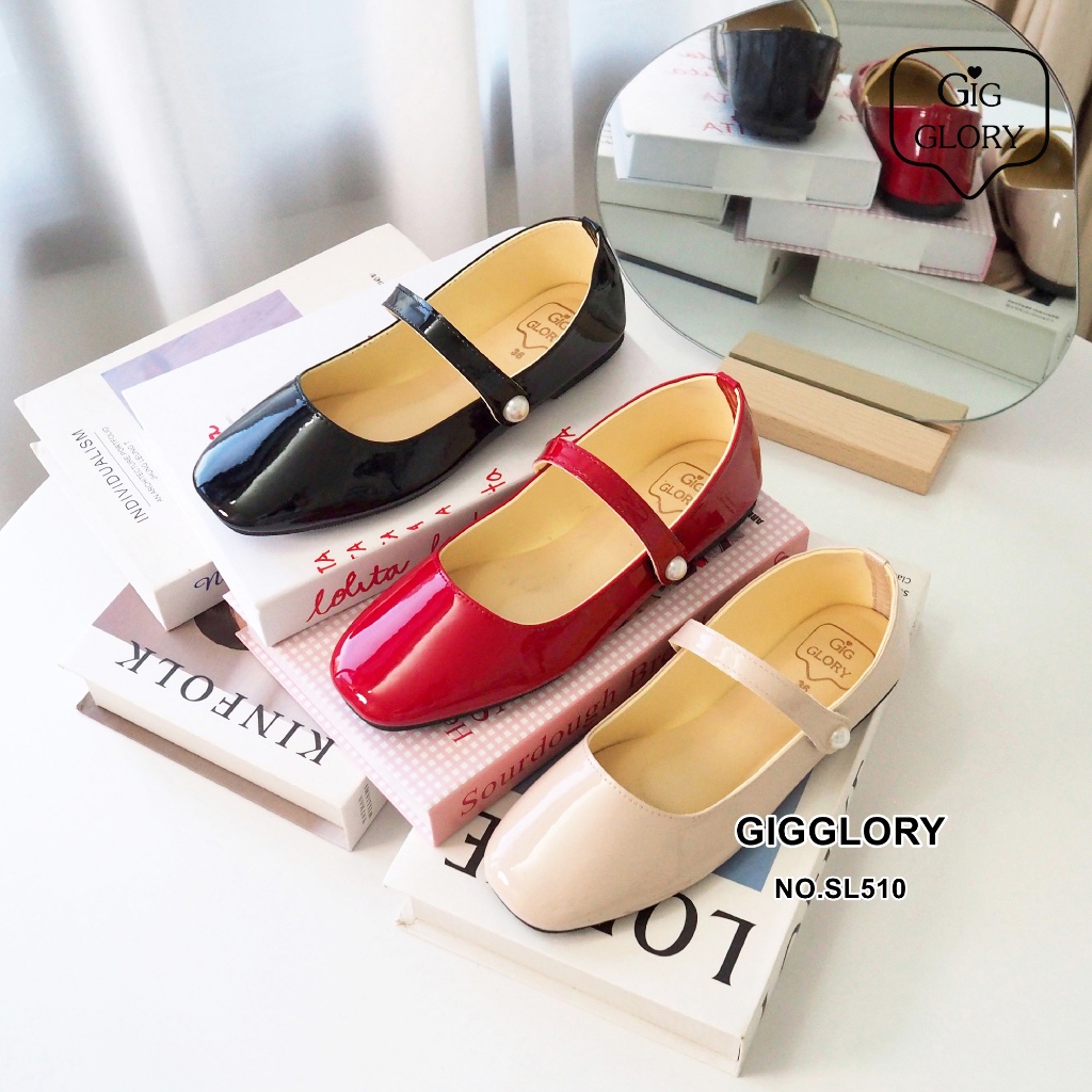 🌷 รองเท้าแมรี่เจนหนังแก้ว สายคาดแต่งมุก (NO.SL510)