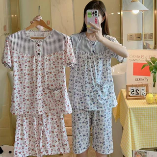 ⭐พร้อมส่ง⭐ชุดนอน แขนสั้น+กางเกงขาสั้น ชุดนอนลายดอกเล็กๆ
