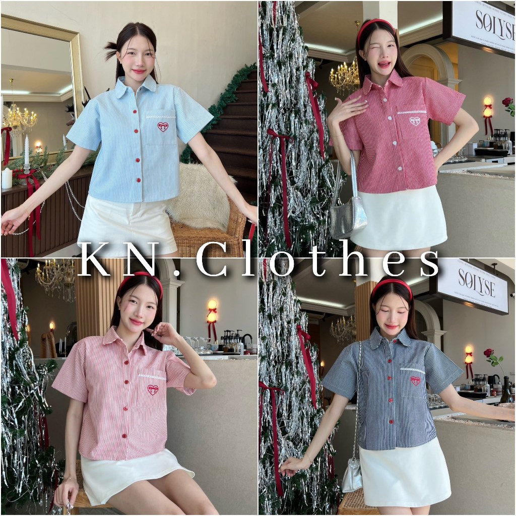 KN.Clothes เสื้อเชิ้ตผ้ายีนส์ ปักหัวใจหน้าอก กระดุมแดงใช้งานได้ KHUN