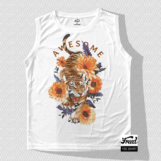 FREEDเสือแขนกุด สีขาวพิมพ์ลาย ผ้าสปอร์ตไมโครทอลายรังผึ้ง Unisex