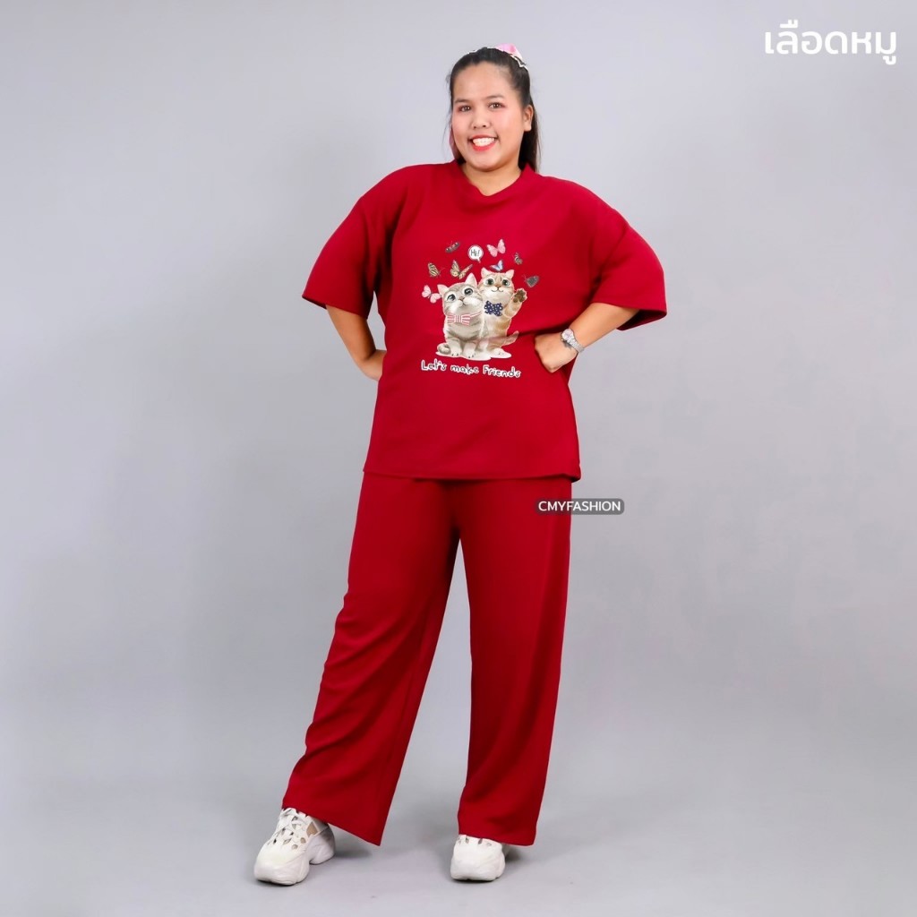 ชุดเช็ท สาวอวบ เสื้อคอกลม สกรีนลายแมว กางเกงขายาว ทรงกระบอกใหญ่ ผ้าอัดลายเม็ดงา 9015-img-28# - รูปที่ 2