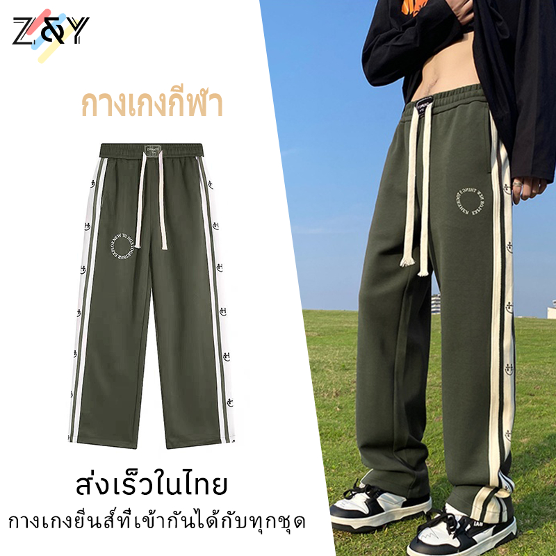 Z.YOOO กางเกงวอร์มฮิปฮอปสำหรับผู้ชาย ทรงหลวม ทรงตรง มีเชือก ไซส์ใหญ่ สไตล์เกาหลี เหมาะสำหรับผู้ชายและผู้ห กางเกงวอร์ม