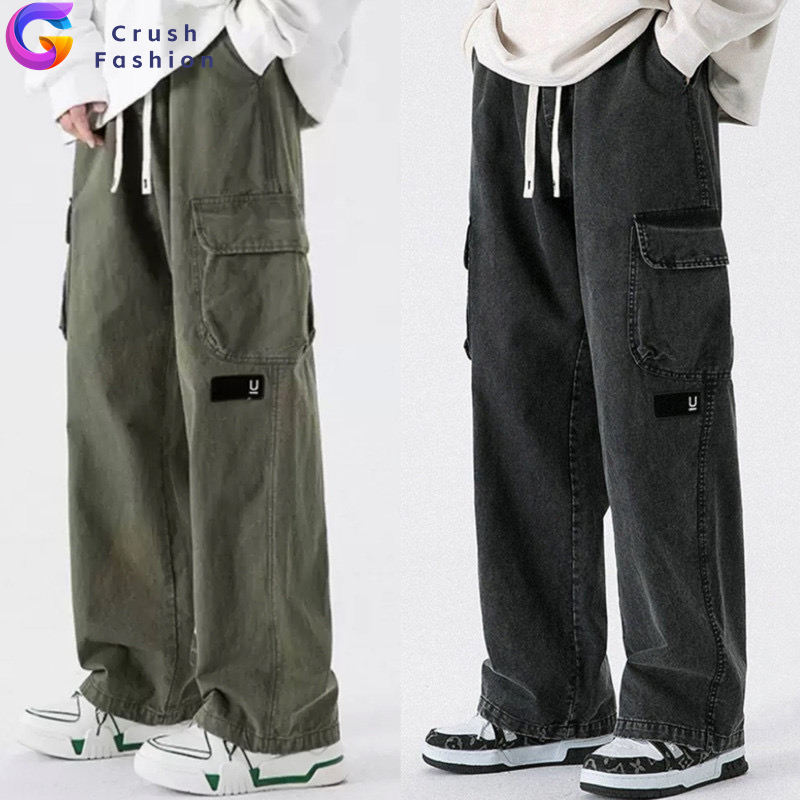 Crush ผ้าฝ้าย กางเกงขายาวผู้ชาย ทรงหลวม ทรงตรง สไตล์อเมริกัน สีดํา กางเกงคาร์โก้ผู้ชาย กางเกง ไม่เป็นทางการ