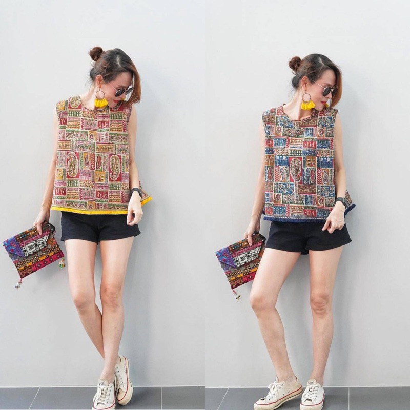 เสื้อคอตตอนอินเดียคอกลม แขนกุด แต่งพู่ชายปุย ป้าย Perfect Style