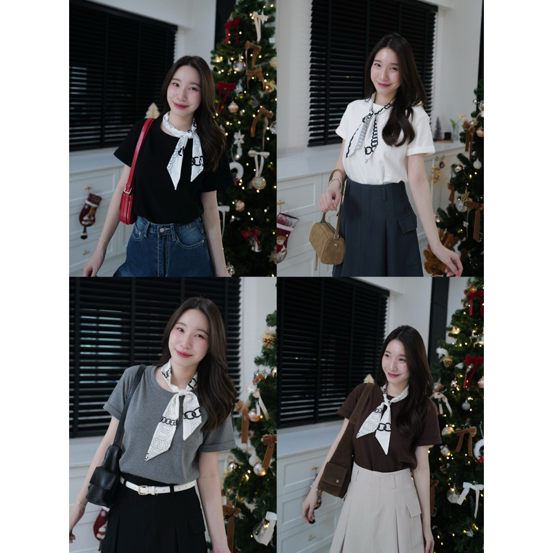 เสื้อยืดแขนพับ + แถมผ้าผูกคอ 💓แยกชิ้น