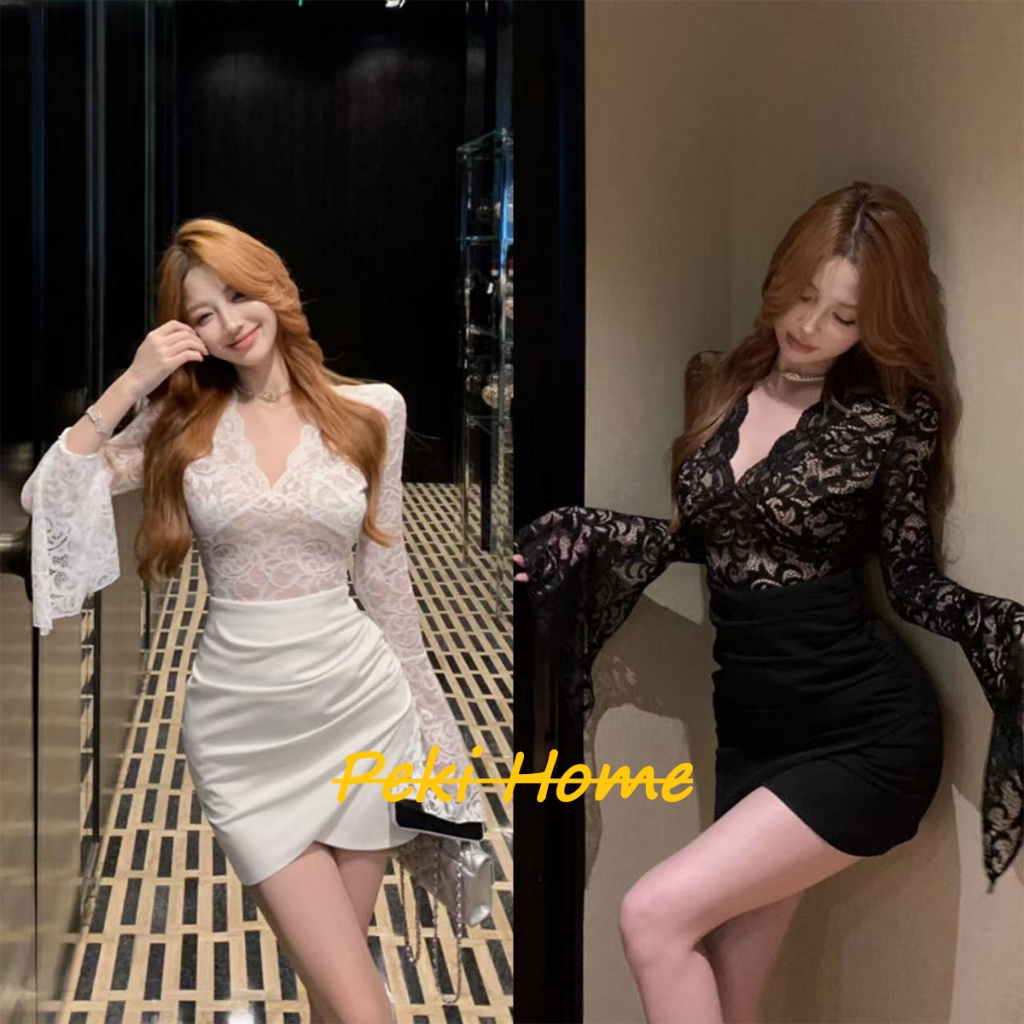 เสื้อครอปแขนยาวคอวีสีดำ สไตล์สาวมั่น สุดเซ็กซี่