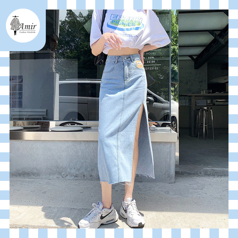 💝กระโปรงยีนส์ผ่าข้างผู้หญิง💝 กระโปรงยาว กระโปรงยีนส์เอวสูง ทรงสวย กระชับสัดส่วน มี 2 สี