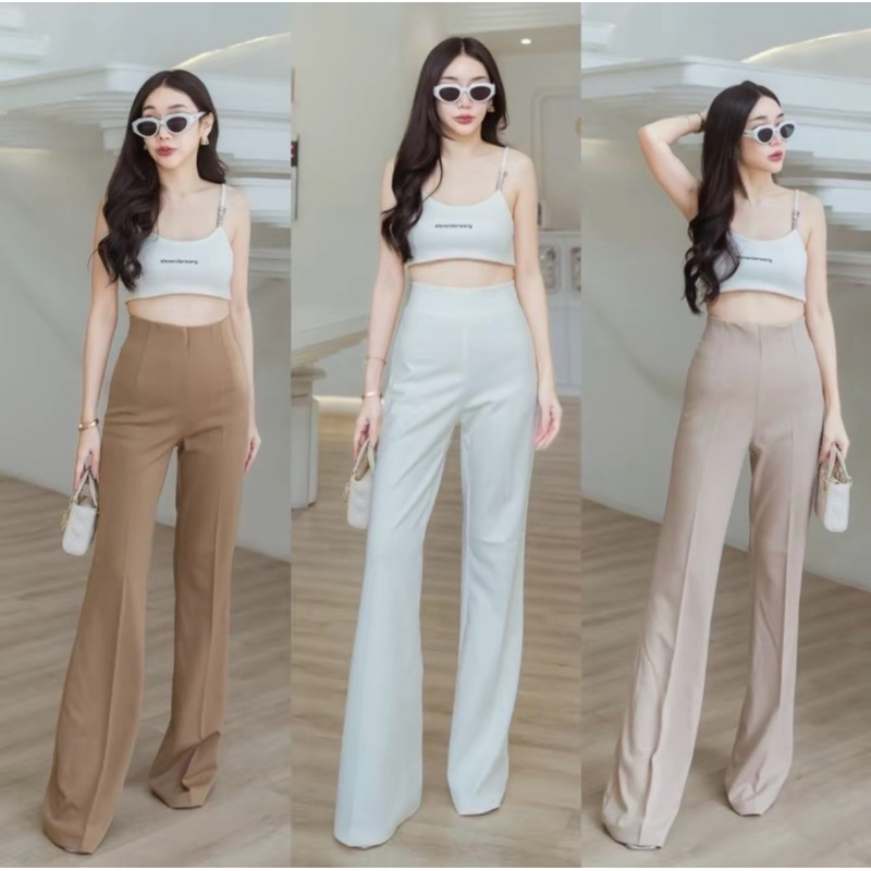 Balong pants กางเกงขาม้าเล็กซิปข้าง(ผ้าโรเชฟพรีเมี่ยม) ผ้ายืดหยุ่น ทิ้งตัว ไม่ต้องรีด (ความยาว 43 นิ้ว)