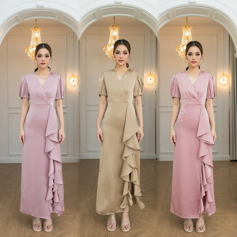 D10 งานป้าย Luxe Dress ชุดเดรสยาวคอวีป้ายแขนตุ๊กตาแต่งระบายหน้าขา สำหรับผู้หญิง เสื้อผ้าแฟชั่นผู้หญิง ไซส์ S-XL