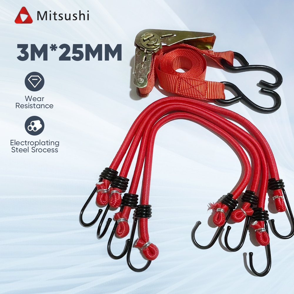 Mitsushi สายรัดก๊อกแก๊ก+สายรัดยางยืด 2.5/3/5m สายยางยืดตะขอเกี่ยว หัวล็อคโลหะ หัวเข็มขัดแบบวงล้อ สายรัดของ สายรัดมอไซด์