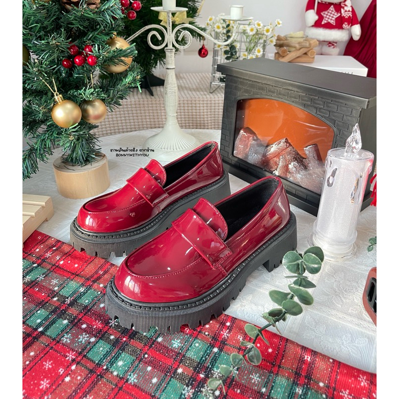 รองเท้าLoafer หนังสีแดงไวน์ ✨ มีไซส์ใหญ่ 43 #CHUหนังเงา เสริม4cm