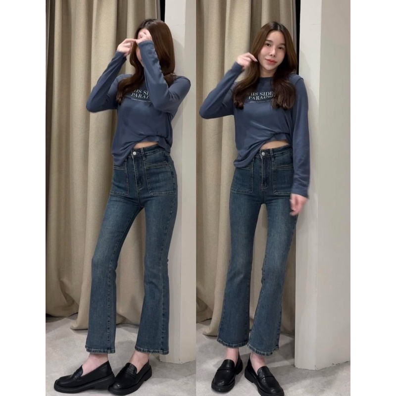 1008-2 กางเกงยีนส์ทรงขาม้า กางเกงยีนส์เอวสูง ผ้ายืดเยอะ งานนำเข้าป้ายแท้ xoxo