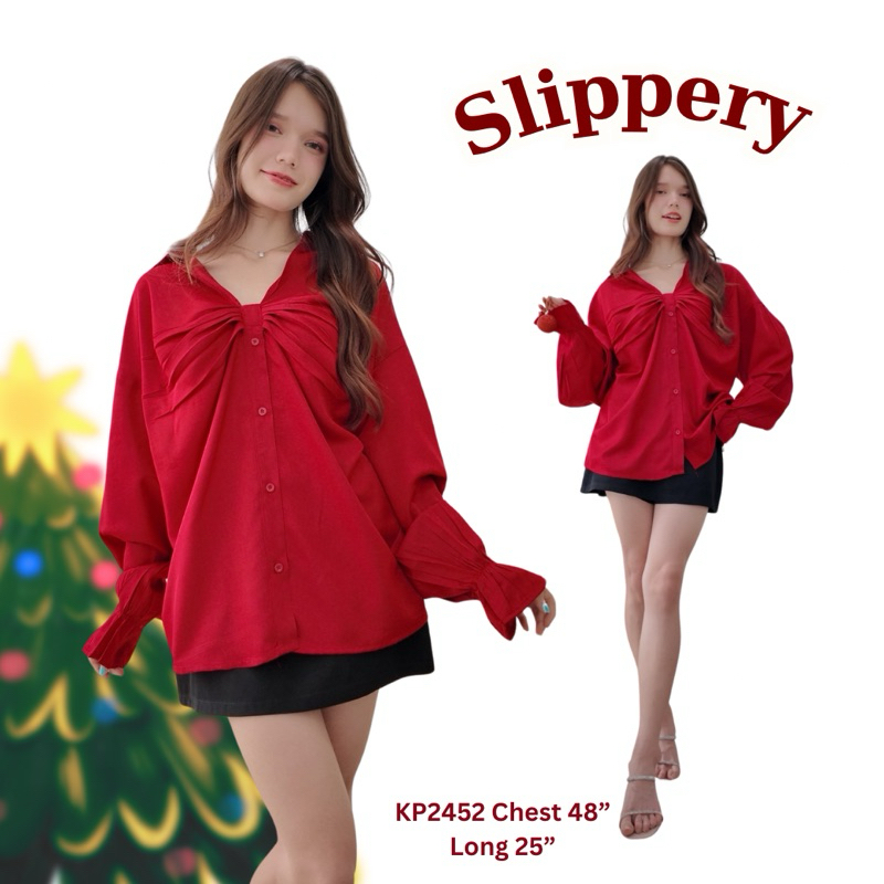 NEW อก48“ผ้าพื้นลื่นเสื้อเชิ้ตแขนยาว ยนหน้าโบว์ปลายแขนจั้ม detail ตัวนี้บอกเลยว่าจึ้งงงง