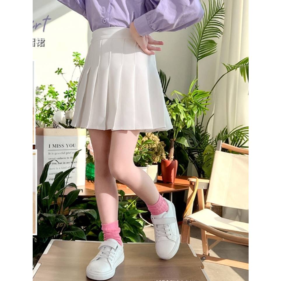 M0002 กระโปรงเทนนิสเด็ก สีขาวล้วน ไม่มีลาย กระโปรงพลีทสั้นเด็ก กระโปรงใส่เต้น มีซับใน